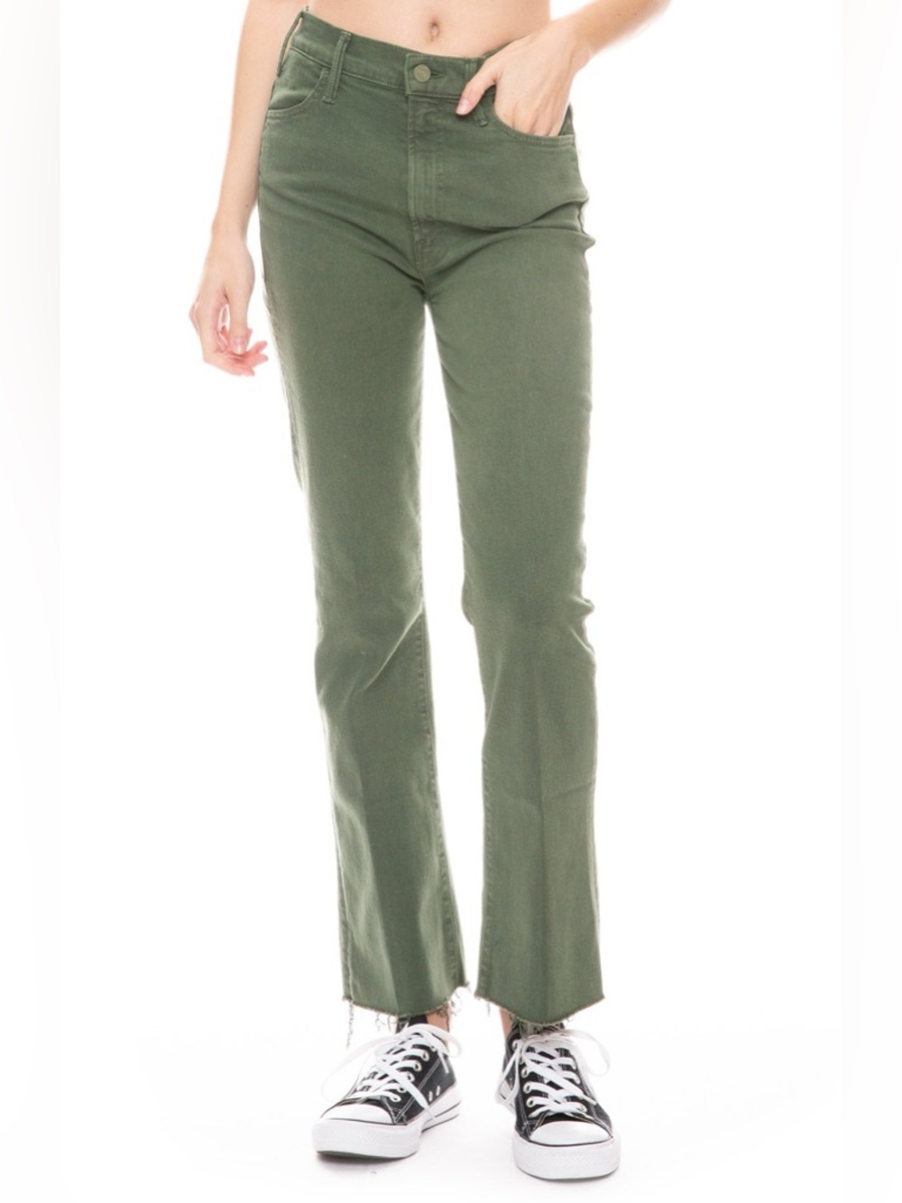 MOTHER The Hustler Ankle Fray Jeans Dark Olive Green High Rise Crop Flare 26